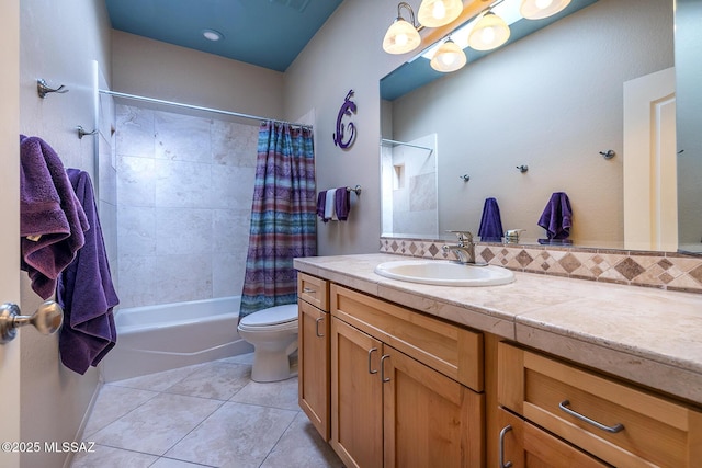 bathroom featuring shower / tub combo with curtain, visible vents, toilet, vanity, and tile patterned flooring