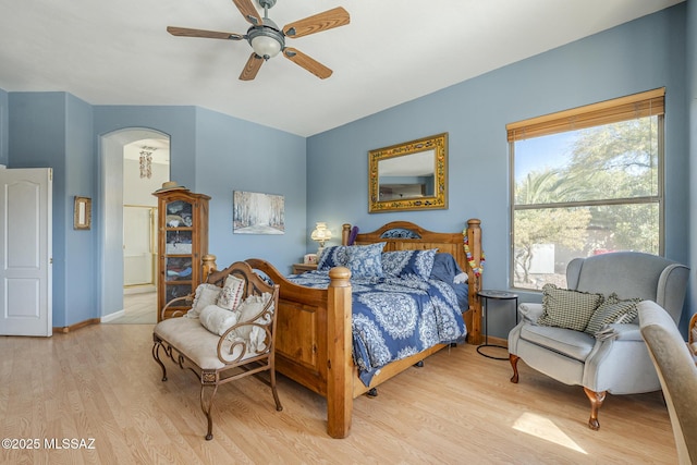 bedroom featuring ceiling fan and light wood-type flooring