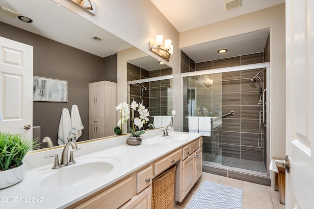 full bathroom featuring a sink, visible vents, double vanity, and a shower stall