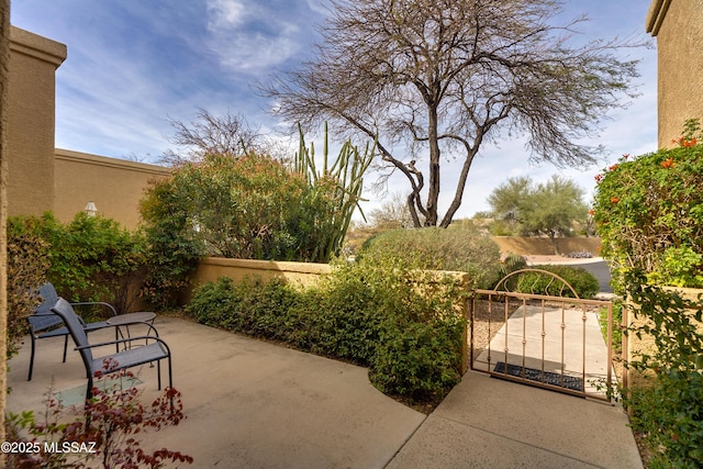 view of patio featuring fence and a gate