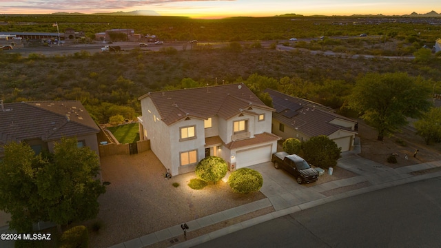 view of aerial view at dusk