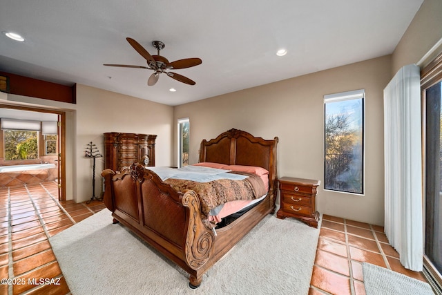 tiled bedroom featuring multiple windows and ceiling fan