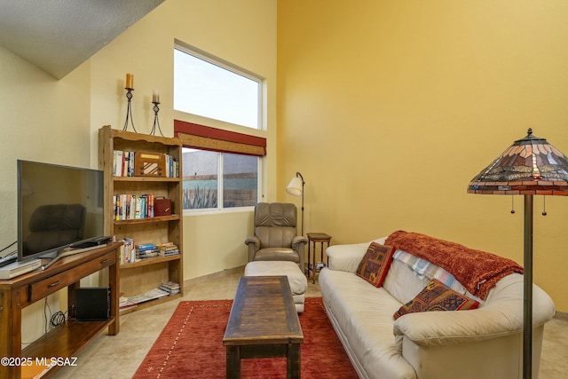 living room featuring high vaulted ceiling