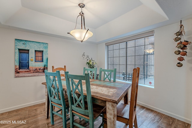 dining space with wood finished floors, a raised ceiling, and baseboards