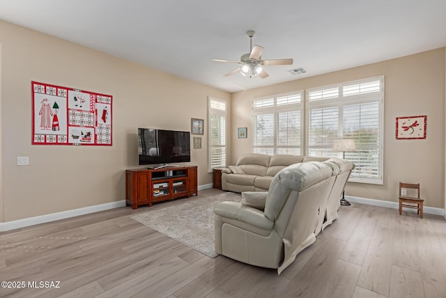 living area with ceiling fan, light wood finished floors, visible vents, and baseboards