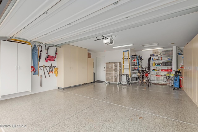 garage with a garage door opener and water heater