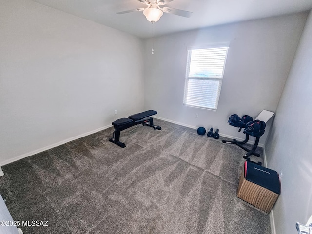 exercise area with carpet floors, baseboards, and a ceiling fan