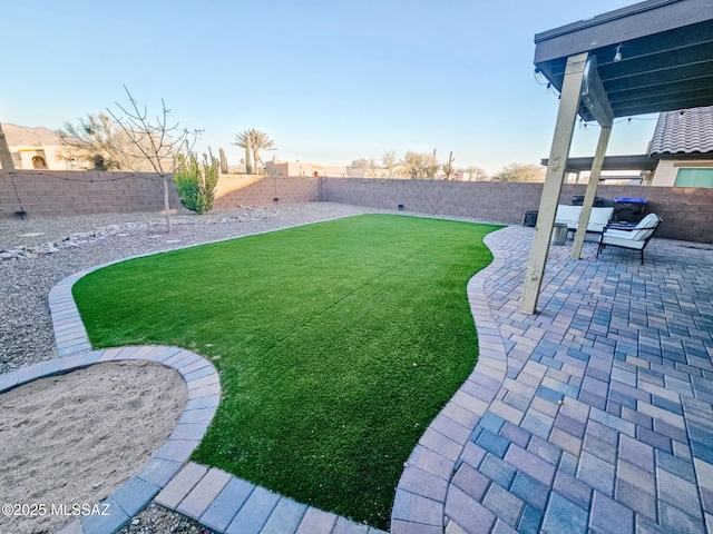 view of yard featuring a fenced backyard and a patio