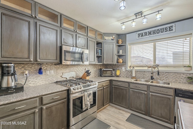 kitchen featuring sink, backsplash, light hardwood / wood-style flooring, and appliances with stainless steel finishes