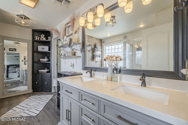 bathroom with vanity and wood-type flooring