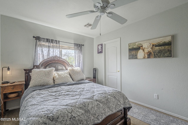 bedroom featuring carpet flooring and ceiling fan
