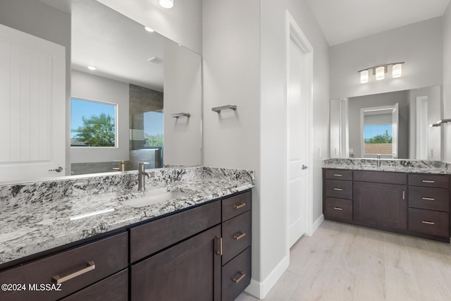 bathroom featuring plenty of natural light, an enclosed shower, hardwood / wood-style floors, and vanity