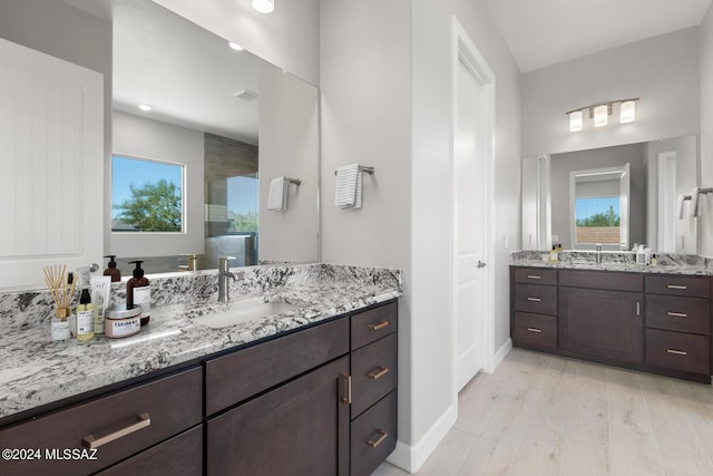 bathroom with hardwood / wood-style flooring, a healthy amount of sunlight, walk in shower, and vanity