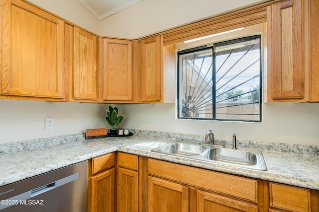 kitchen with brown cabinets, light countertops, stainless steel dishwasher, ornamental molding, and a sink