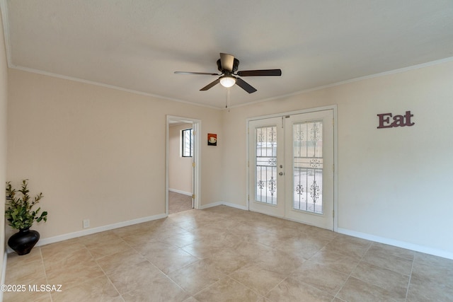 unfurnished room with ceiling fan, baseboards, crown molding, and french doors
