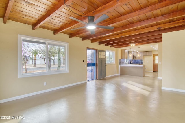 unfurnished living room featuring a wealth of natural light, wooden ceiling, beamed ceiling, and ceiling fan