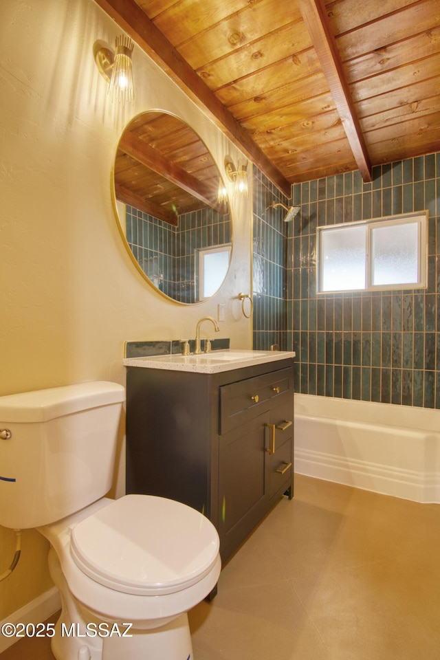 full bathroom featuring tiled shower / bath, beamed ceiling, vanity, toilet, and wooden ceiling