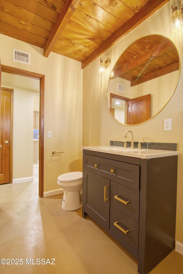 bathroom with beam ceiling, vanity, wood ceiling, and toilet