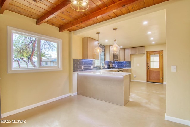 kitchen featuring light brown cabinets, appliances with stainless steel finishes, pendant lighting, beam ceiling, and backsplash