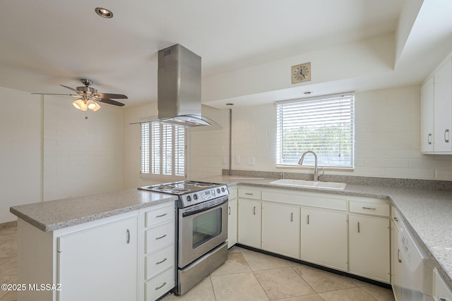 kitchen featuring white dishwasher, island range hood, a peninsula, electric range, and a sink