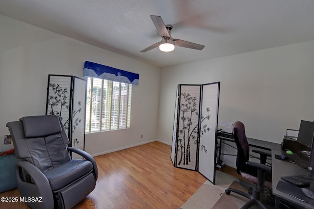 office area featuring ceiling fan and light wood-type flooring