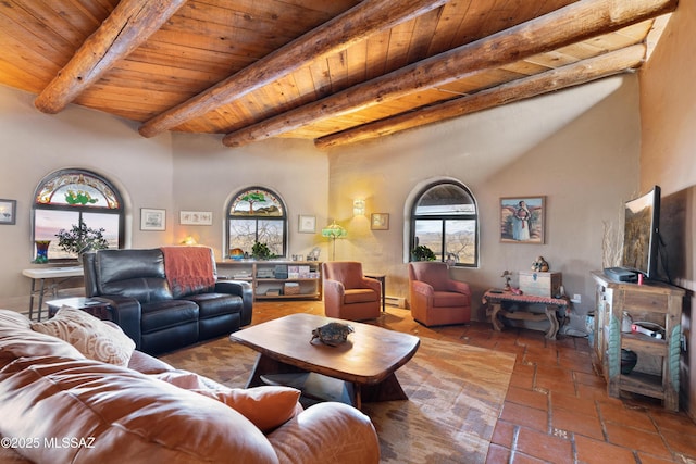 living area featuring stone tile flooring, wood ceiling, and beam ceiling