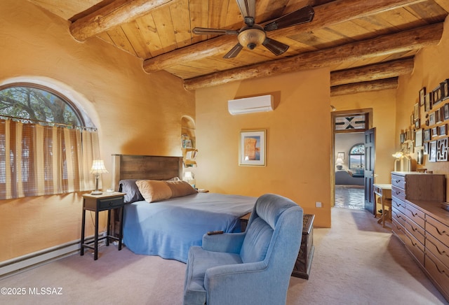 bedroom with an AC wall unit, beam ceiling, carpet flooring, and wood ceiling