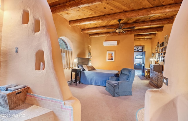 carpeted bedroom with beamed ceiling, a wall unit AC, and wooden ceiling