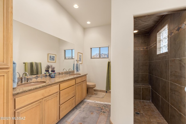 bathroom featuring a walk in shower, a sink, toilet, and double vanity