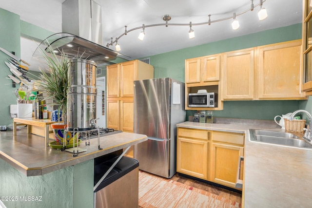 kitchen with light brown cabinetry, sink, light hardwood / wood-style flooring, track lighting, and stainless steel appliances