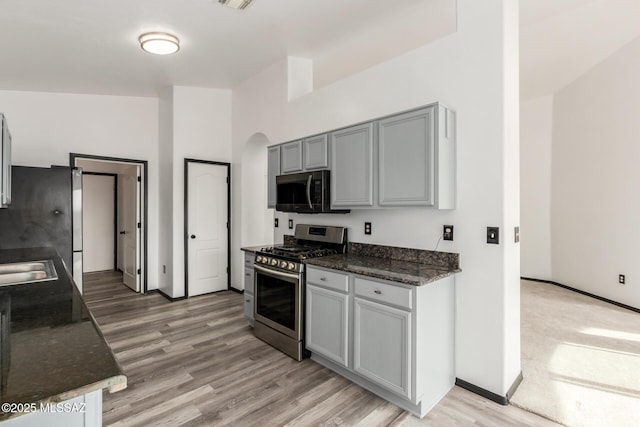 kitchen featuring gray cabinetry, stainless steel appliances, and light wood-type flooring