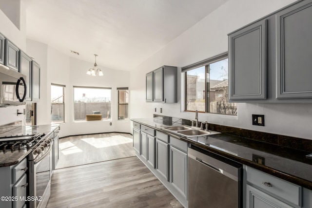 kitchen with stainless steel appliances, a wealth of natural light, sink, and gray cabinetry