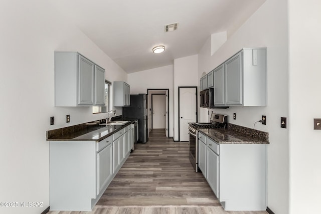 kitchen with sink, gray cabinetry, stainless steel appliances, light hardwood / wood-style floors, and vaulted ceiling