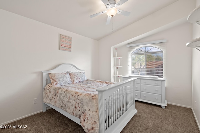 carpeted bedroom featuring a ceiling fan and baseboards