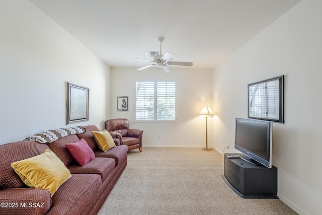 living room with light carpet, visible vents, baseboards, and a ceiling fan