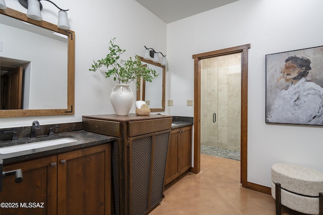 full bath with tile patterned flooring, vanity, and a stall shower