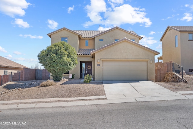 view of front of home featuring driveway, a tile roof, an attached garage, fence, and stucco siding