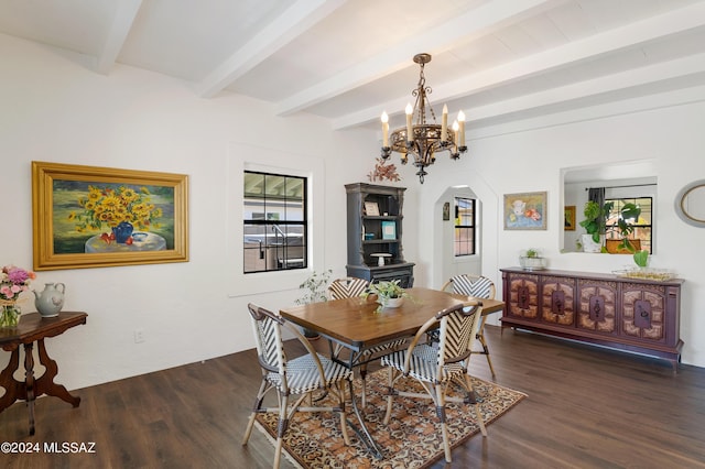 dining area featuring dark wood-style floors, a notable chandelier, arched walkways, and beamed ceiling