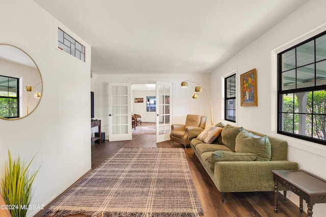 living area with french doors and wood finished floors