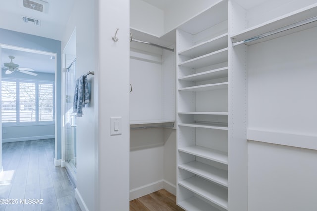 spacious closet with ceiling fan and light hardwood / wood-style flooring