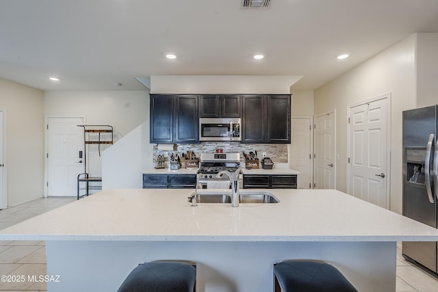 kitchen featuring a kitchen island with sink, sink, decorative backsplash, and stainless steel appliances