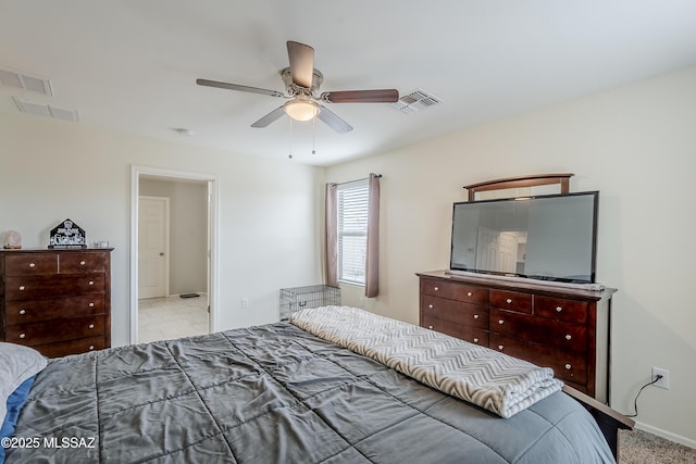 bedroom with light carpet and ceiling fan