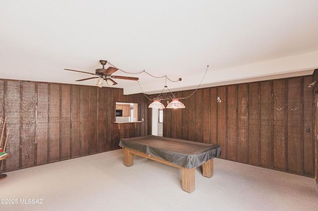 playroom featuring ceiling fan, wood walls, carpet, and billiards