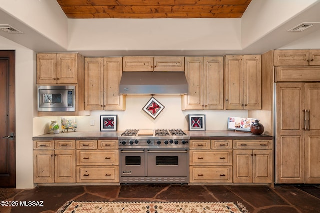 kitchen featuring appliances with stainless steel finishes, wood ceiling, light brown cabinetry, and range hood