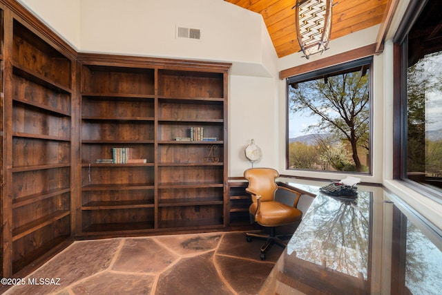 sitting room featuring lofted ceiling and wooden ceiling