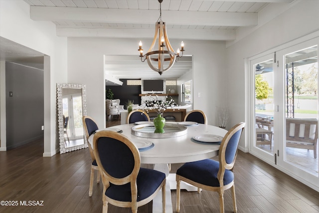 dining space featuring beam ceiling, dark wood-type flooring, wooden ceiling, and a chandelier