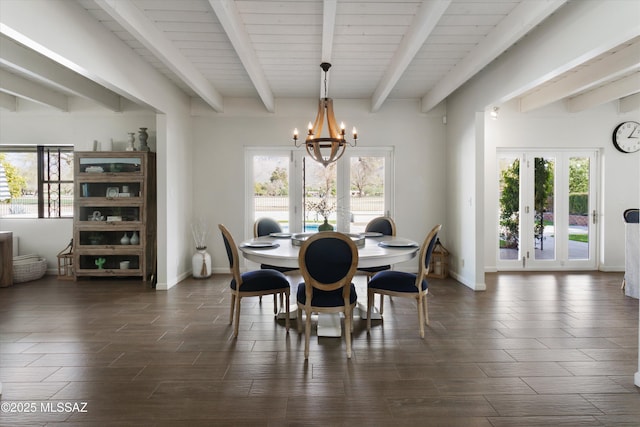 dining room with an inviting chandelier, a healthy amount of sunlight, and beam ceiling