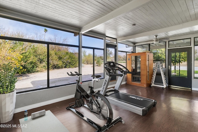 exercise room with dark hardwood / wood-style floors