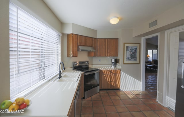 kitchen with extractor fan, a sink, visible vents, stainless steel electric range, and brown cabinetry