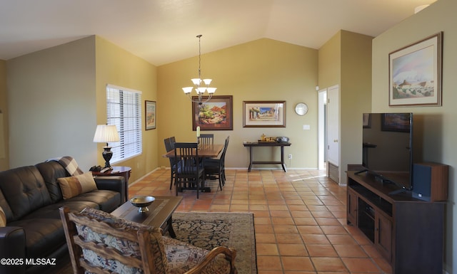 living room with vaulted ceiling, light tile patterned flooring, baseboards, and an inviting chandelier